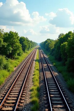 Elevated view of parallel train tracks and highway, rural, crossing, concrete