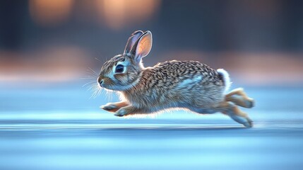 Obraz premium A small rabbit hops energetically across a glistening surface in the morning light