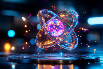 Obraz premium Close-up view of a glowing electron cloud swirling around a nucleus with soft blue and purple hues and ethereal glowing particles in motion, abstract science concept