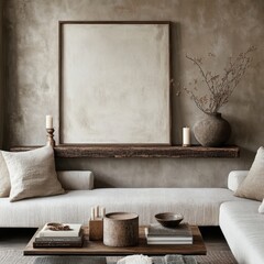 A white couch with a brown coffee table in the middle. A vase with flowers on the table. A white framed picture on the wall