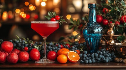 A stunning cocktail crafted with care, surrounded by fresh fruit and a lively ambiance in the bar