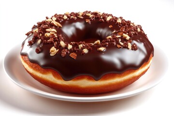 Chocolate-covered donut features glossy glaze and crunchy toppin