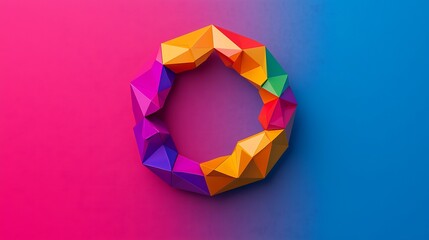 A vibrant, geometric design featuring a multicolored polygonal shape set against a gradient background of pink and blue.