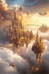 Fototapeta premium Illustration of a magnificent sky city floating among the clouds, its golden spires glistening under the sun. Airships sail past, and bridges of light connect different floating islands, creating a