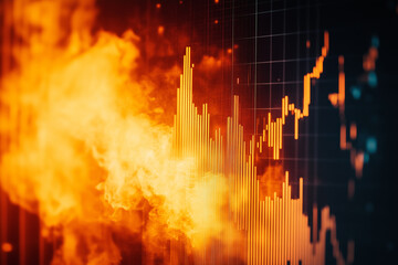 Close up view of vibrant stock market candlestick chart showing price fluctuations amidst dynamic background flames
