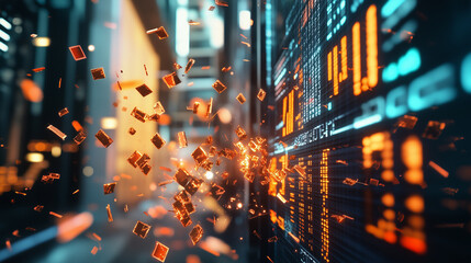 Stock market collapse illustrated through digital effects and abstract numbers in a futuristic setting