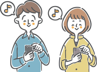 スマホを操作してご機嫌な夫婦　上半身　ベクター © kota