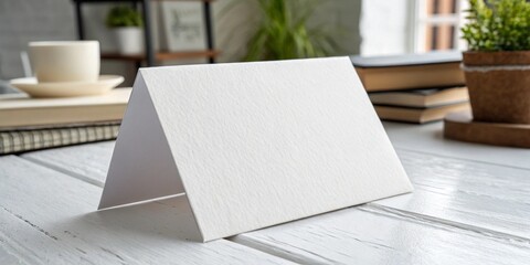 A white card is folded in half and placed on a table. The card is blank, and the table is cluttered with books and a potted plant. The scene suggests a moment of reflection or contemplation