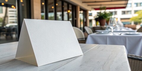 A white card is sitting on a table in a restaurant. The card is folded into a triangle and is placed on a wooden table. The table is surrounded by chairs and has a potted plant nearby