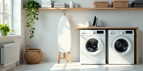 Modern laundry area with ironing board, detergent, and baskets, vector, household
