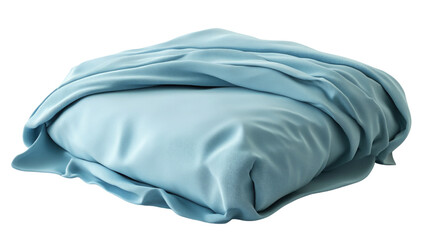 Soft blue bedding folded neatly on a bed at home ready for a cozy night's sleep in the evening