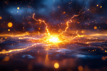 Title: Extreme close-up of glowing electrical discharge with small bursts of electric light expanding outward, sharp contrast, and intense energy in dynamic motion