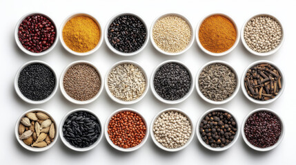 Fototapeta premium vibrant collection of various spices and seeds in white bowls, showcasing diverse colors and textures, perfect for culinary inspiration