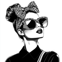 Stylish Black-and-White Fashion Illustration of a Glamorous Woman