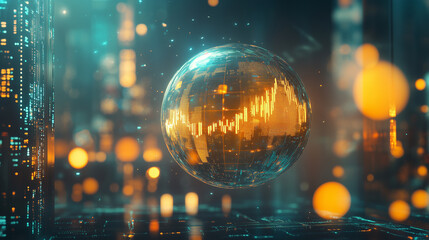 Floating golden sphere represents data trends in a futuristic digital environment with glowing lights and technology