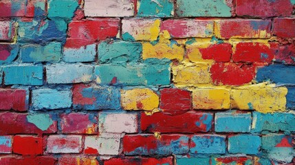 Fototapeta premium Captivating colorful brick wall featuring a stunning array of bright paint colors creating a bold visual statement