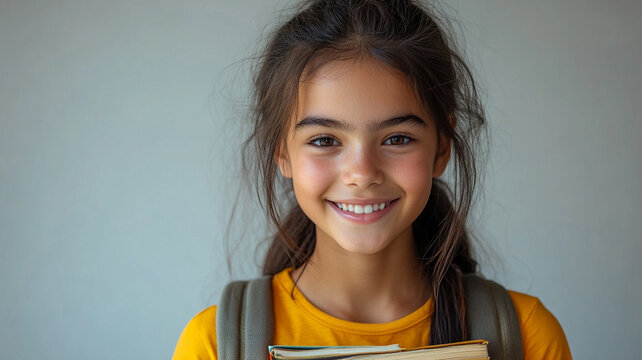 A bright-eyed girl radiates joy and eagerness for learning, clutching her books close against a soft, neutral backdrop.