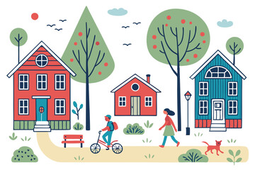 10 Colorful cartoon neighborhood scene, cheerful community illustration, hand-drawn style, vibrant colors, diverse characters, daily activities, small town life, green trees, simple houses, local bake
