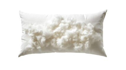 Soft white pillow filled with fluffy material displayed on a plain background