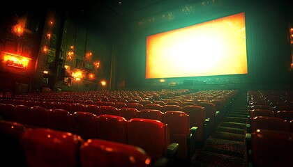 Empty cinema, screen glows, dark theater