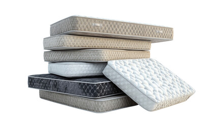 Multiple stacked mattresses displaying various colors and textures in a well-lit indoor setting during daytime