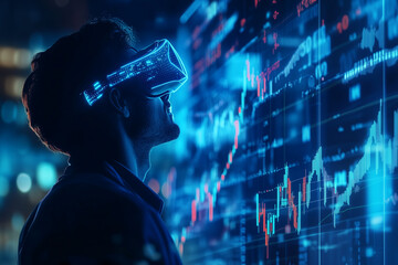 Man explores virtual reality environment with data visualizations at night in a futuristic city