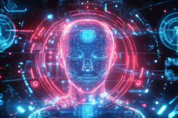Obraz premium A glowing cybernetic interface displaying intricate holographic biometric data, AI-powered facial recognition patterns, and futuristic neural authentication symbols. The high-tech abstract background