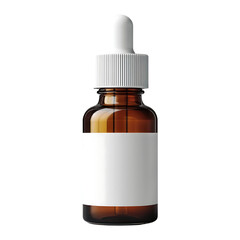 A photorealistic mockup of a clear amber glass dropper bottle with a blank white label. Perfect for showcasing essential oils, serums, or other liquid products