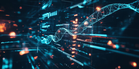 Obraz premium A futuristic AI-driven medical research facility, displaying glowing cybernetic biometric scans, pulsating holographic molecular structures, and swirling digital DNA sequencing pathways. The high-tech