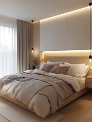 A modern bedroom features a minimalist design with lighting