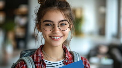 A confident young woman radiates joy, her bright smile reflecting a positive outlook on life, captured in soft natural light with a blurred background.