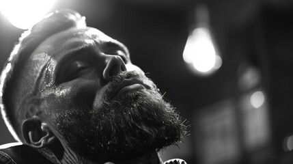 A man with a well groomed beard experiences a close shave. The warm lighting highlights his relaxed expression, creating a calm atmosphere.