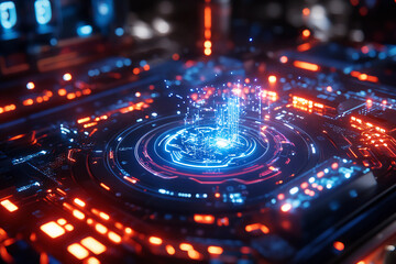 Futuristic Digital Interface Macro Shot with Detailed Icons, Circuits, and Glowing Blue Accents on Advanced Technology Device