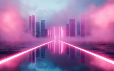 Fototapeta premium A surreal cyberpunk city glowing in neon mist, where skyscrapers dissolve into liquid light and streets shift into endless digital pathways