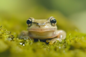 Close-up of a boophis sibilans frog resting on vibrant green moss in the rainforest of madagascar, showcasing the amphibian's captivating gaze and intricate details