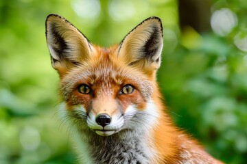Fototapeta premium Red fox with pointy ears and bright eyes is staring intensely, creating a captivating portrait that showcases the beauty and alertness of wildlife in its natural habitat