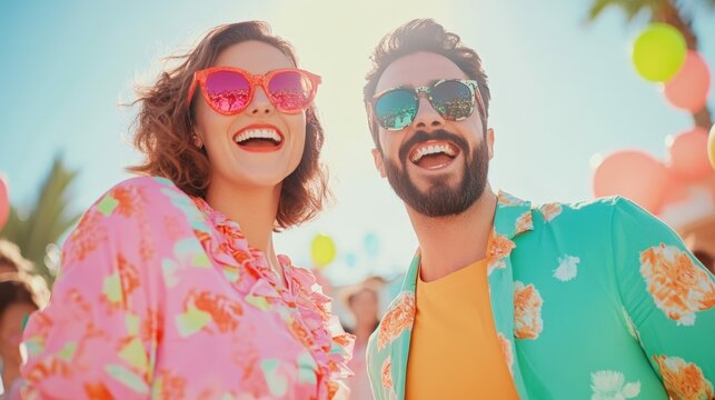 A couple dressed in colorful outfits enjoying a fun outdoor party with friends, vibrant and joyful atmosphere,