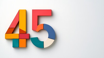 A vibrant, modern illustration of the number 45, featuring a mix of geometric shapes and colors against a light background.