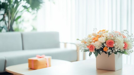 Floral arrangement and gift box in cozy living room setting for special family celebration