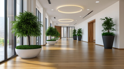 Bright commercial corridor featuring modern design and vibrant greenery with large windows allowing natural light