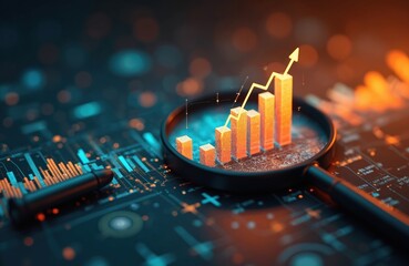 Magnifying glass highlights business growth chart with upward trend. Generative AI analysis financial success stock increase profit investment statistic performance market economy improvement