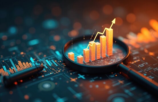 Magnifying glass highlights business growth chart with upward trend. Generative AI analysis financial success stock increase profit investment statistic performance market economy improvement