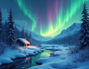 Night winter scenery with aurora borealis over snowy terrain and mountains. Reflection in river. Small wooden house with light in window. Winter night landscape with northern lights.