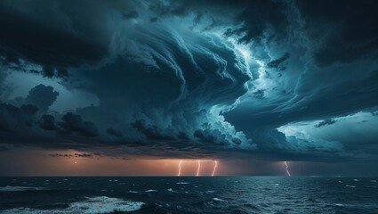 A fierce thunderstorm brews over the ocean, with dark, swirling clouds dominating the sky. Lightning strikes illuminate the horizon, creating a dramatic twilight atmosphere