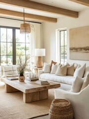 The living room has a coffee table and white sofa
