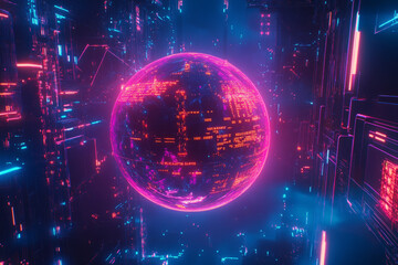 Fototapeta premium A high-tech data sphere floating in cyberspace, surrounded by glowing neon pathways, holographic projections, and interconnected digital nodes. The futuristic abstract background represents AI-driven