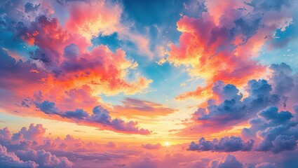 Fototapeta premium Witness a breathtaking display of color as the sun sets, casting shades of orange, pink, and blue across a canvas of fluffy clouds. The tranquil moment invites introspection and wonder