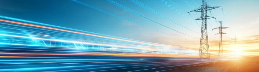 Dynamic Sunset with Electric Poles and Motion Blurs in Background