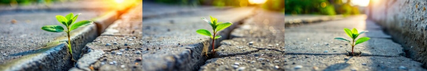 Three pictures of a plant growing in a crack in the sidewalk. The first picture shows the plant growing in the crack, the second picture shows the plant growing in the crack with the sun shining on it