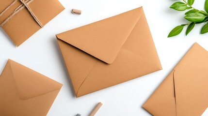Flat Lay of Brown Envelopes and Green Leaves on White Background